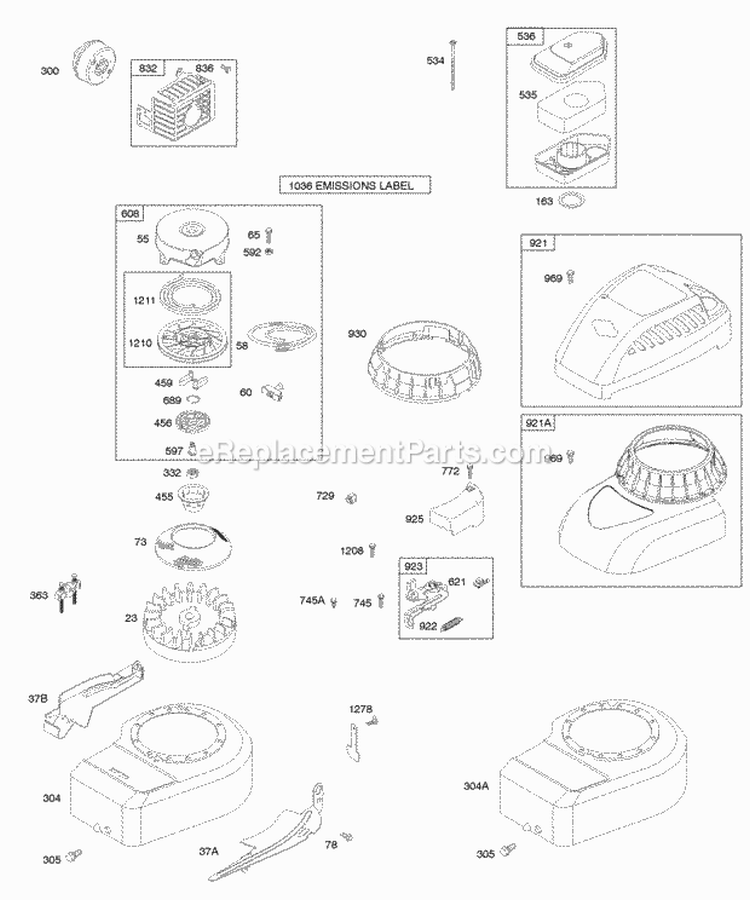 Air Cleaner Blower HousingShrouds Brake Exhaust System Flywheel Rewind Starter Diagram and Parts List for 10K902-0100-E1  Briggs and Stratton Engine
